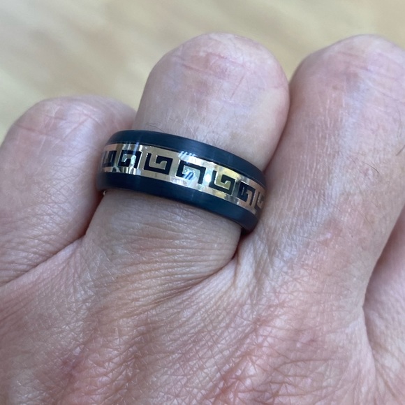 8mm Men Women Tungsten Ring Black Yellow IP plated Dome Greek Key Inlay - Picture 8 of 8